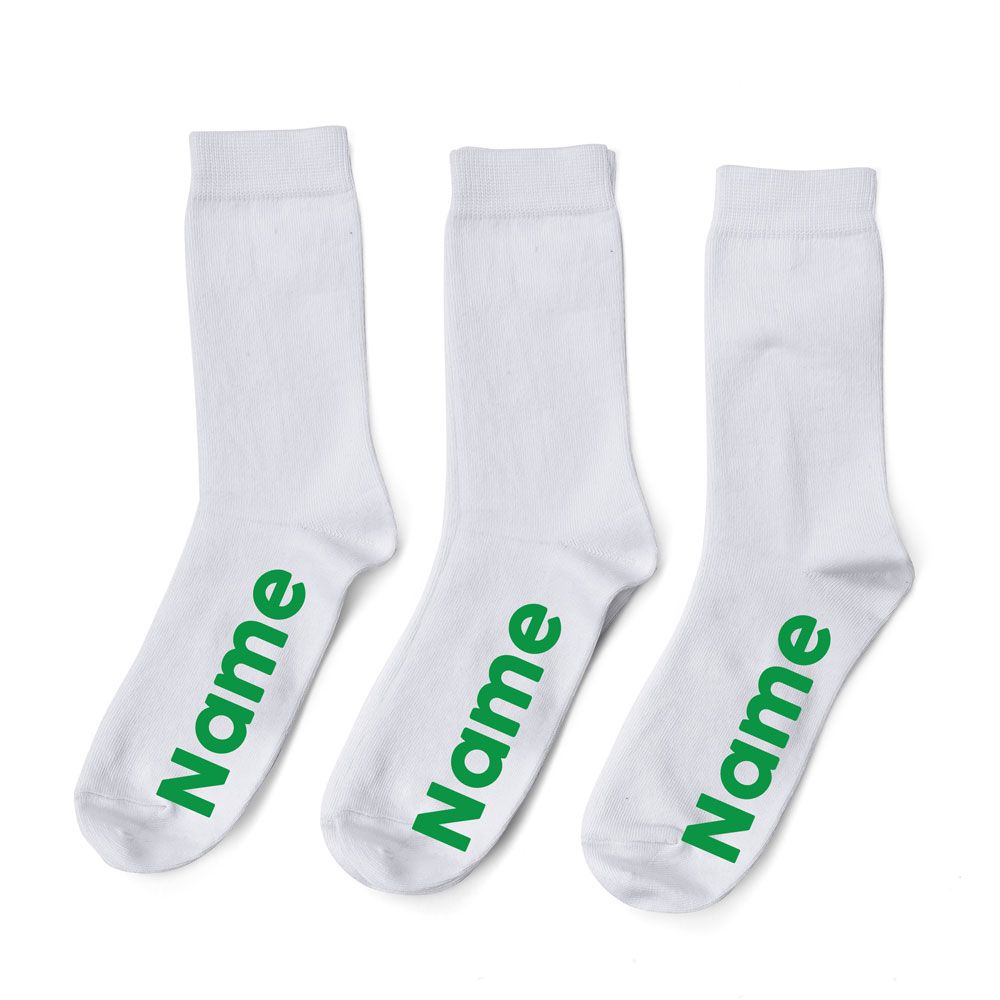 Personalised White Socks - Green Font - Pack of 3