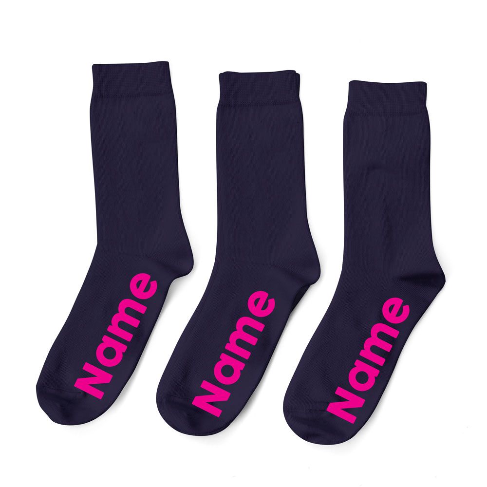 Personalised Navy Socks - Pink Font - Pack of 3