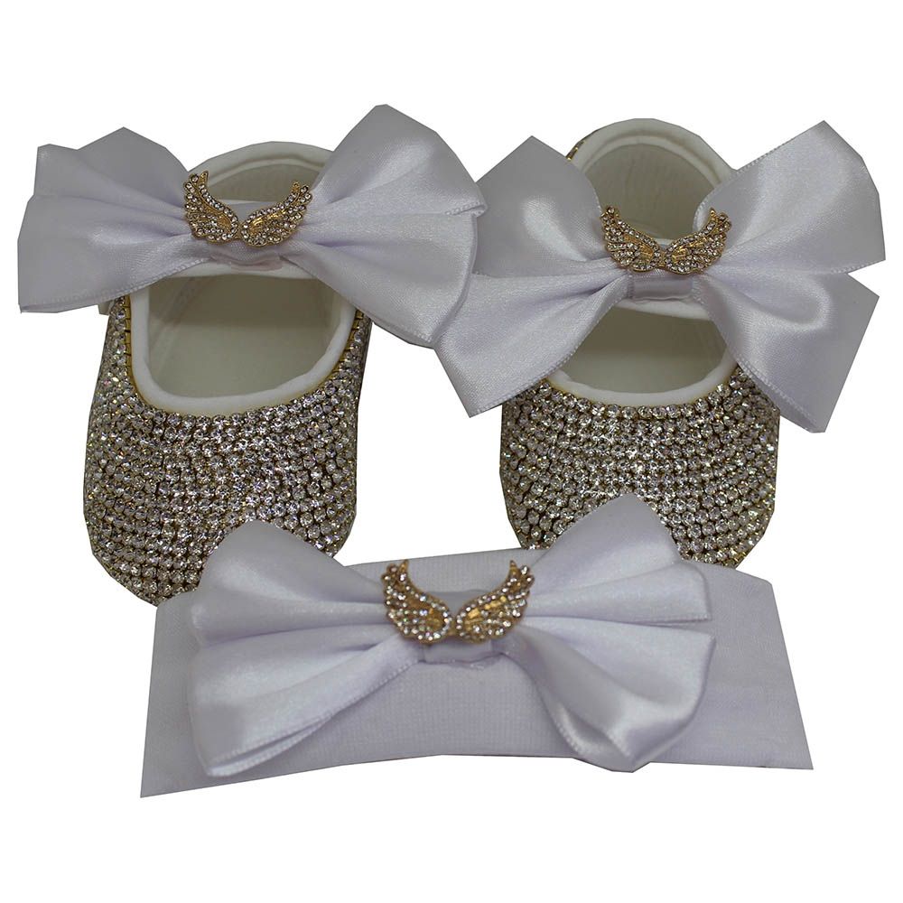 Mini Plum - Bling Crystal Shoes And Headband - White