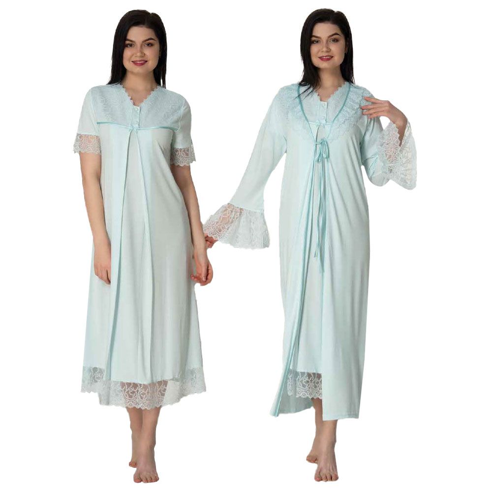 Mini Plum - 2pc-set - Lace Maternity Nightie & Robe - Blue