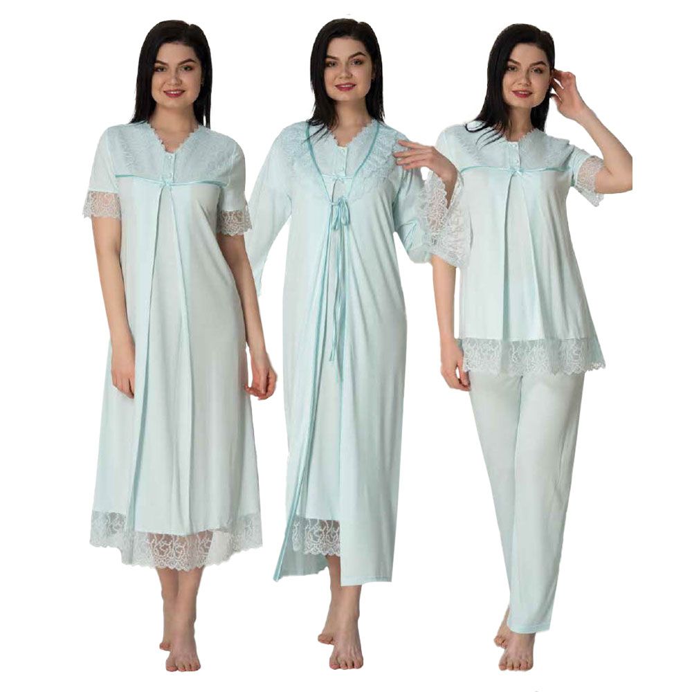 Mini Plum - 4pc-set - Lace Detail Maternity Nightwear Set - Blue