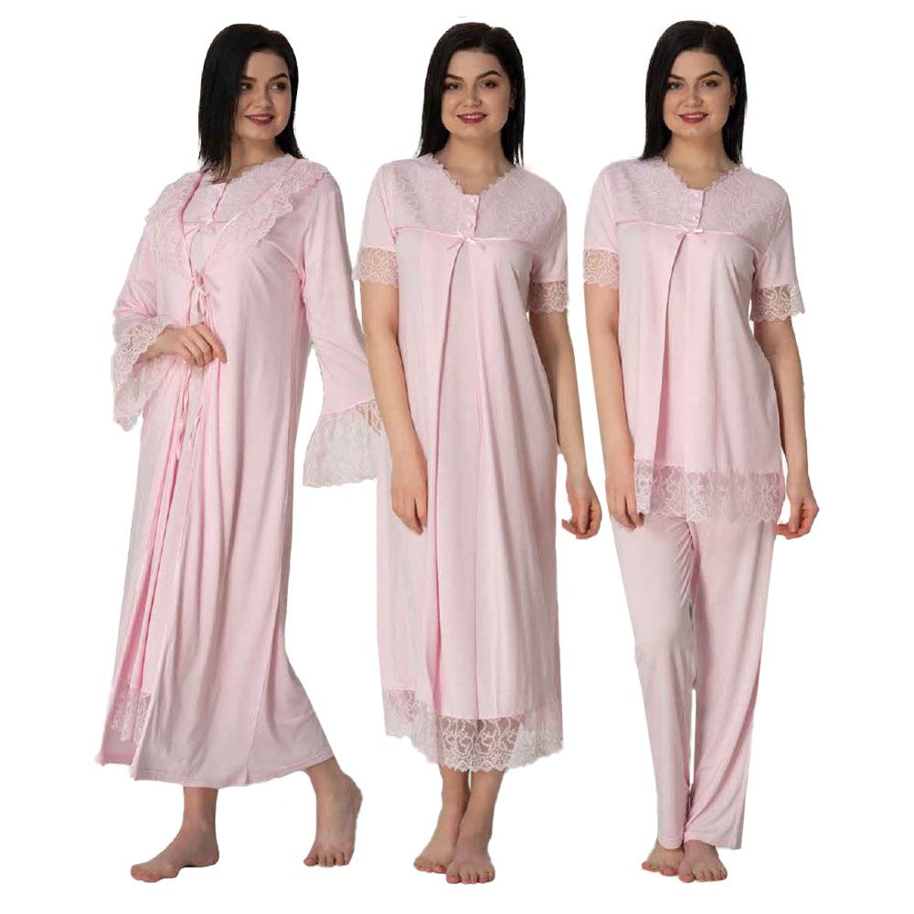 Mini Plum - 4pc-set - Lace Detail Maternity Nightwear Set - Pink