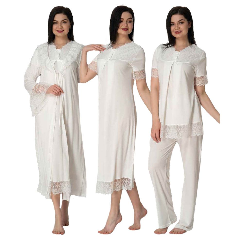 Mini Plum - 4pc-set - Lace Detail Maternity Nightwear Set - White