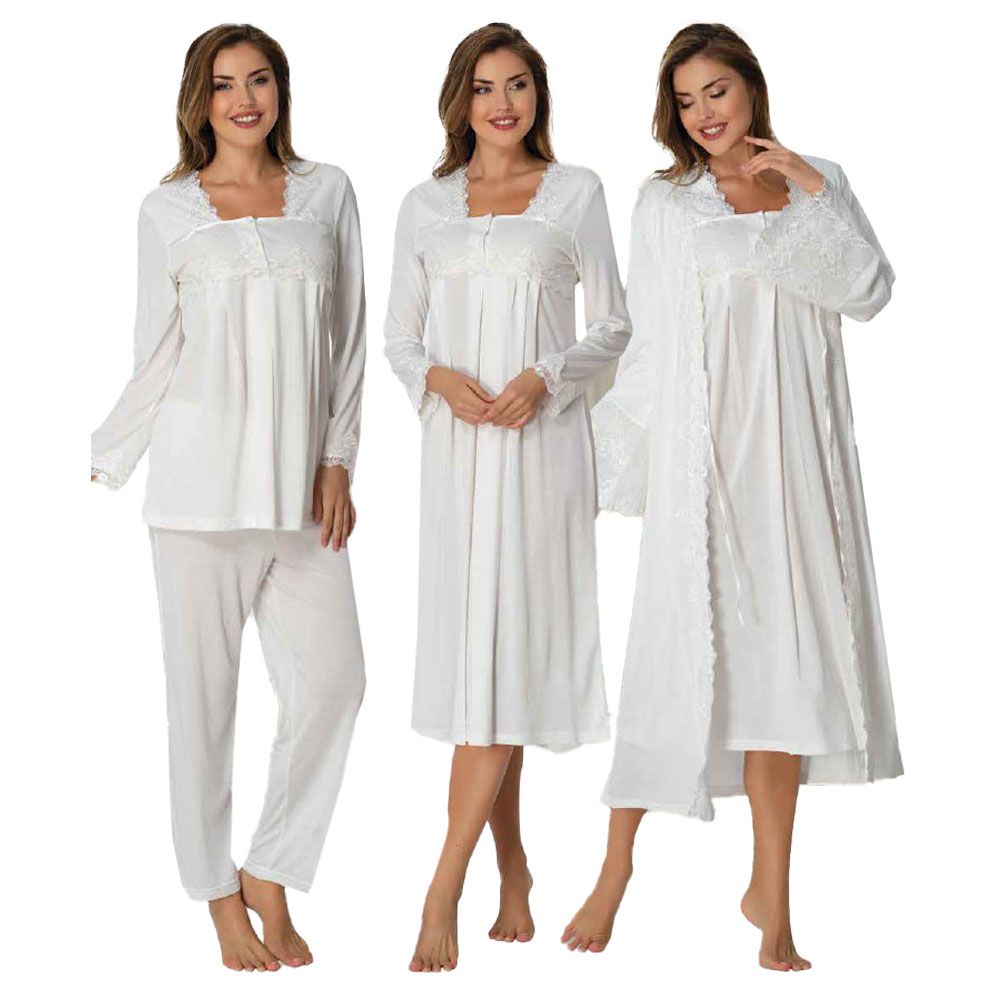 Mini Plum - 4pc-set - Maternity Nightwear w/ Lace Detail - White