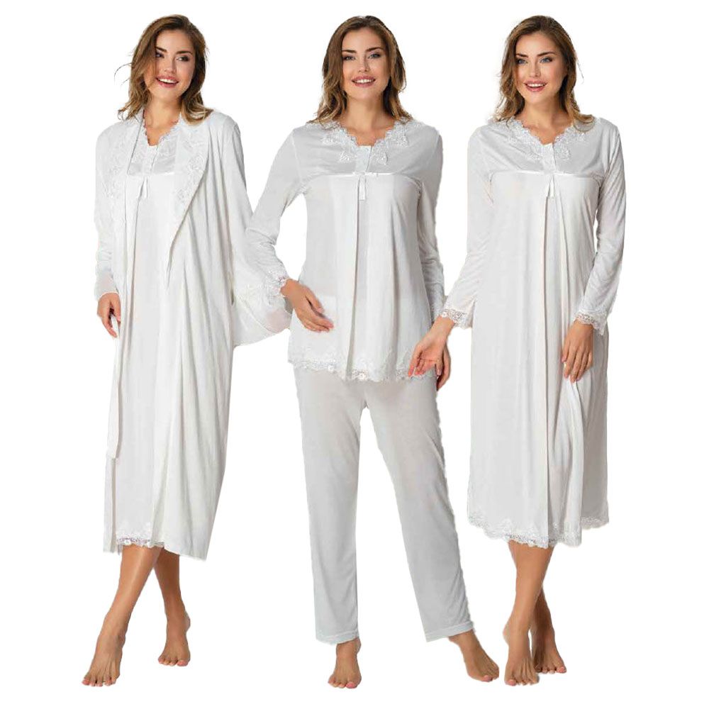 Mini Plum - 4pc-set - Maternity Lace Nightwear Set - White