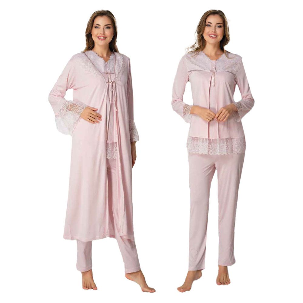 Mini Plum - 3pc-set - Maternity Lace PJ & Robe - Pink