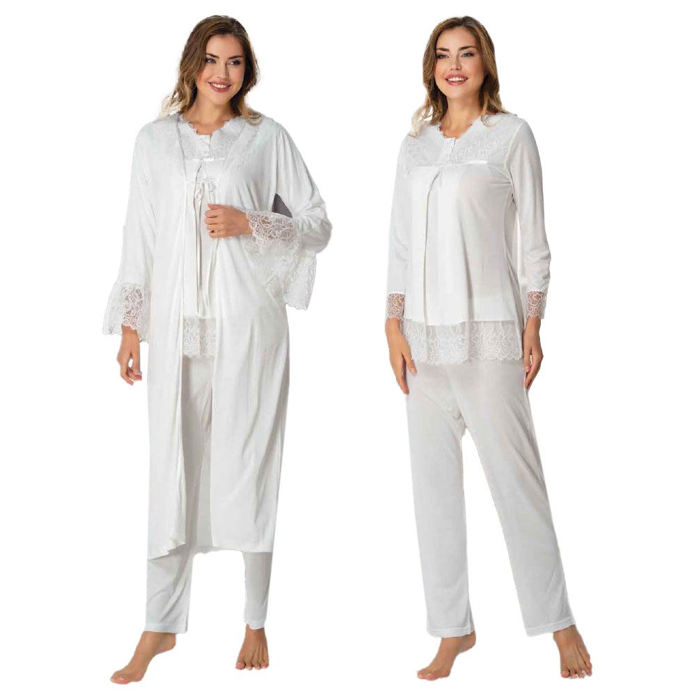 Mini Plum - 3pc-set - Maternity Lace PJ & Robe - White