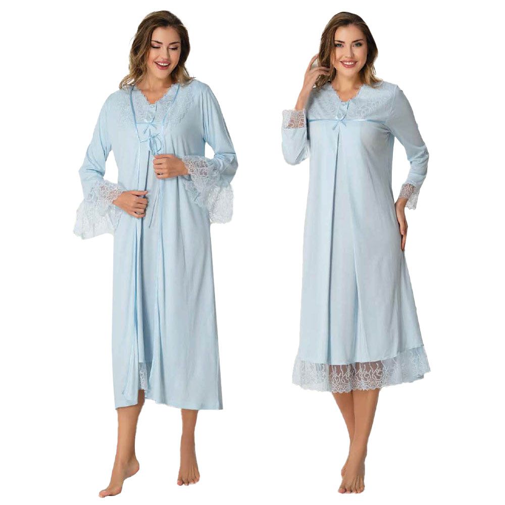 Mini Plum - Lace Maternity Nightie & Robe - Blue