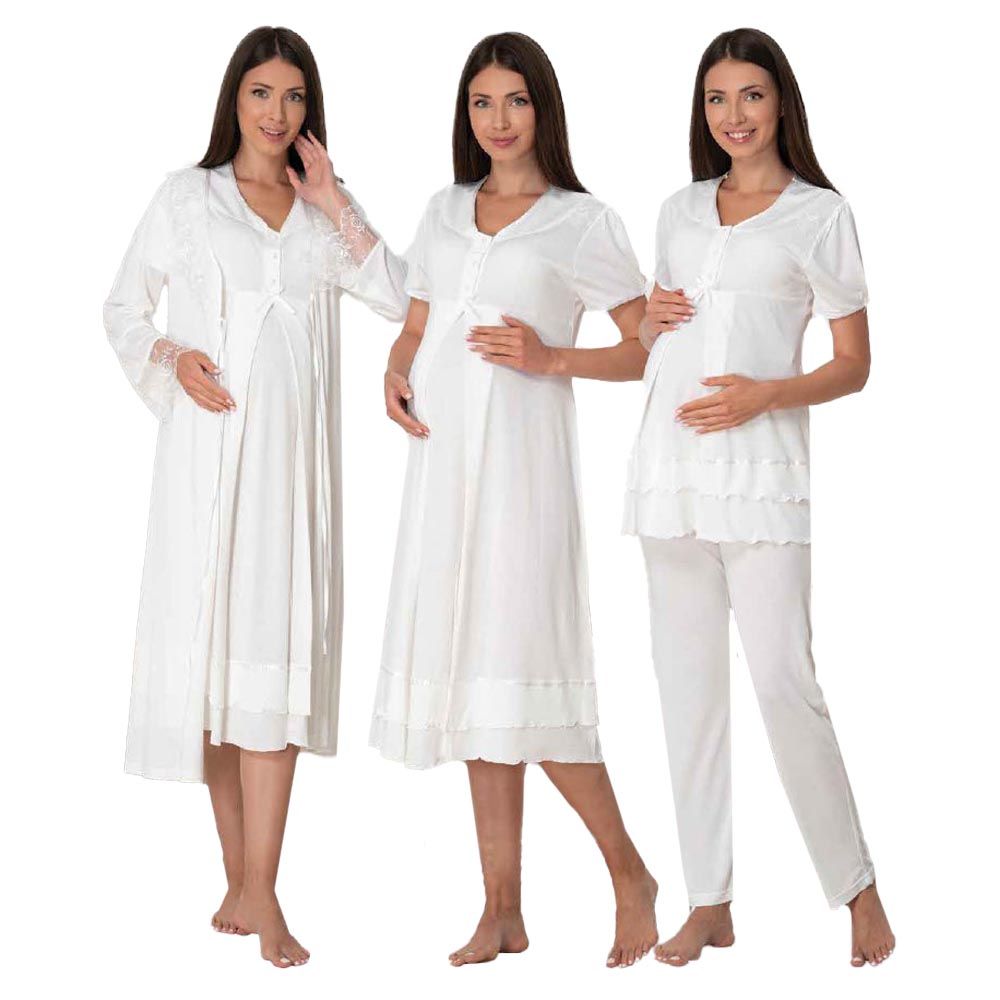 Mini Plum - 4pc-set - Maternity Nightwear & Robe - White