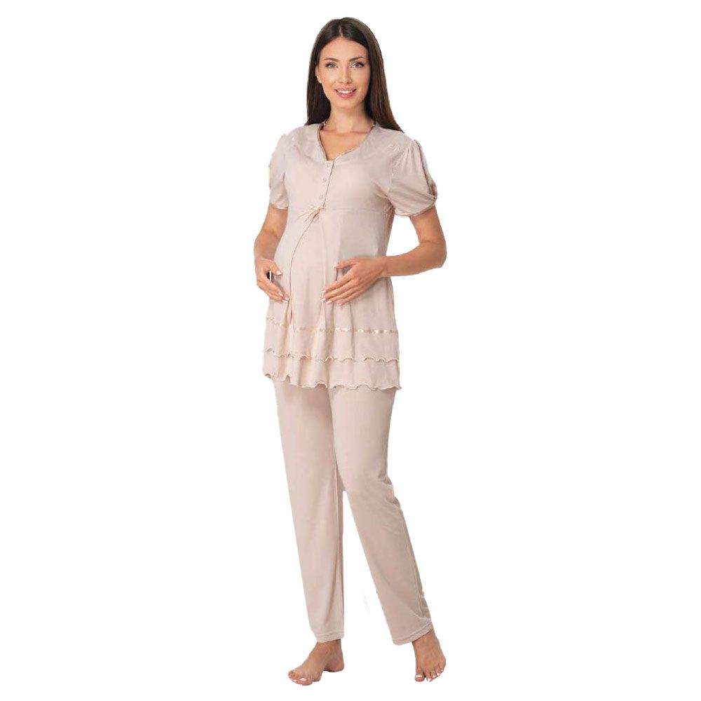 Mini Plum - Short Sleeve Soft Maternity Pajamas - Beige