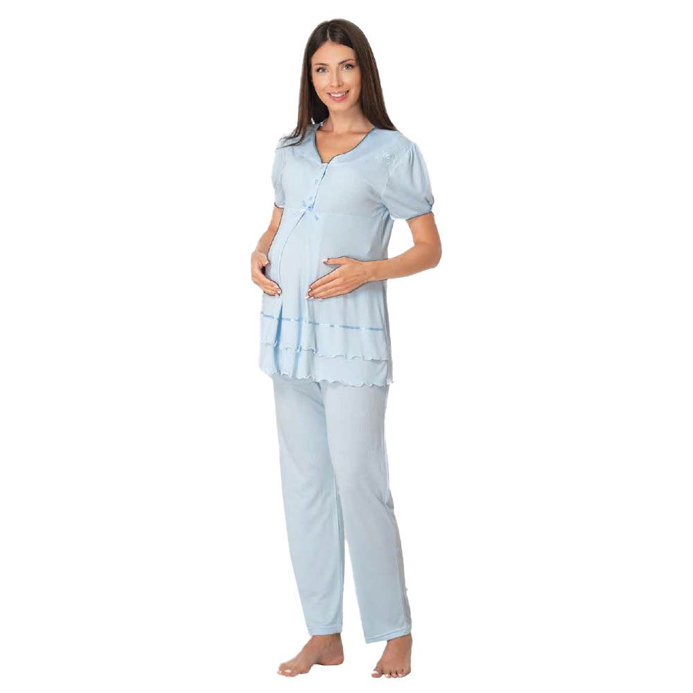 Mini Plum - Short Sleeve Soft Maternity Pajamas - Blue