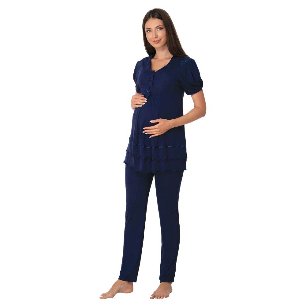 Mini Plum - Short Sleeve Soft Maternity Pajamas - Navy