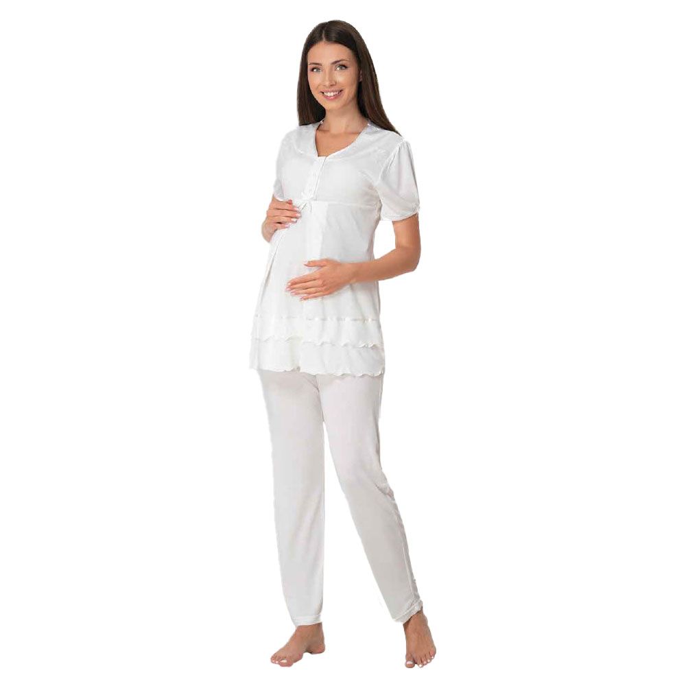 Mini Plum - Short Sleeve Soft Maternity Pajamas - White