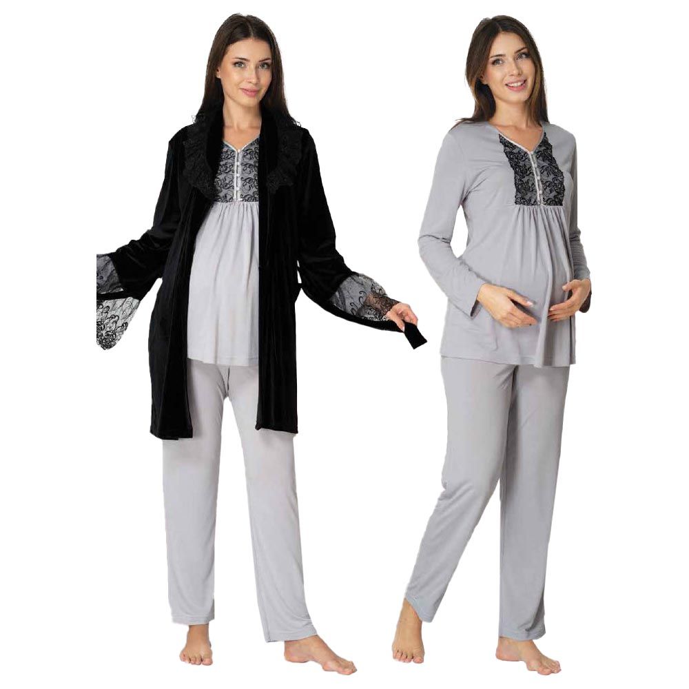 Mini Plum - 3pc-set - Lace Maternity PJ & Robe - Grey