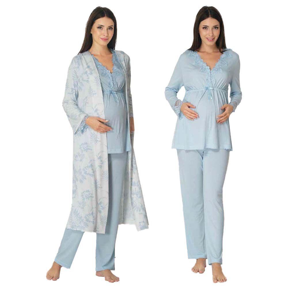 Mini Plum - 3pc-set - Lace Maternity PJ Set w/ Robe - Blue