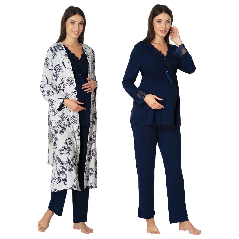 Mini Plum - 3pc-set - Lace Maternity PJ Set w/ Robe - Navy