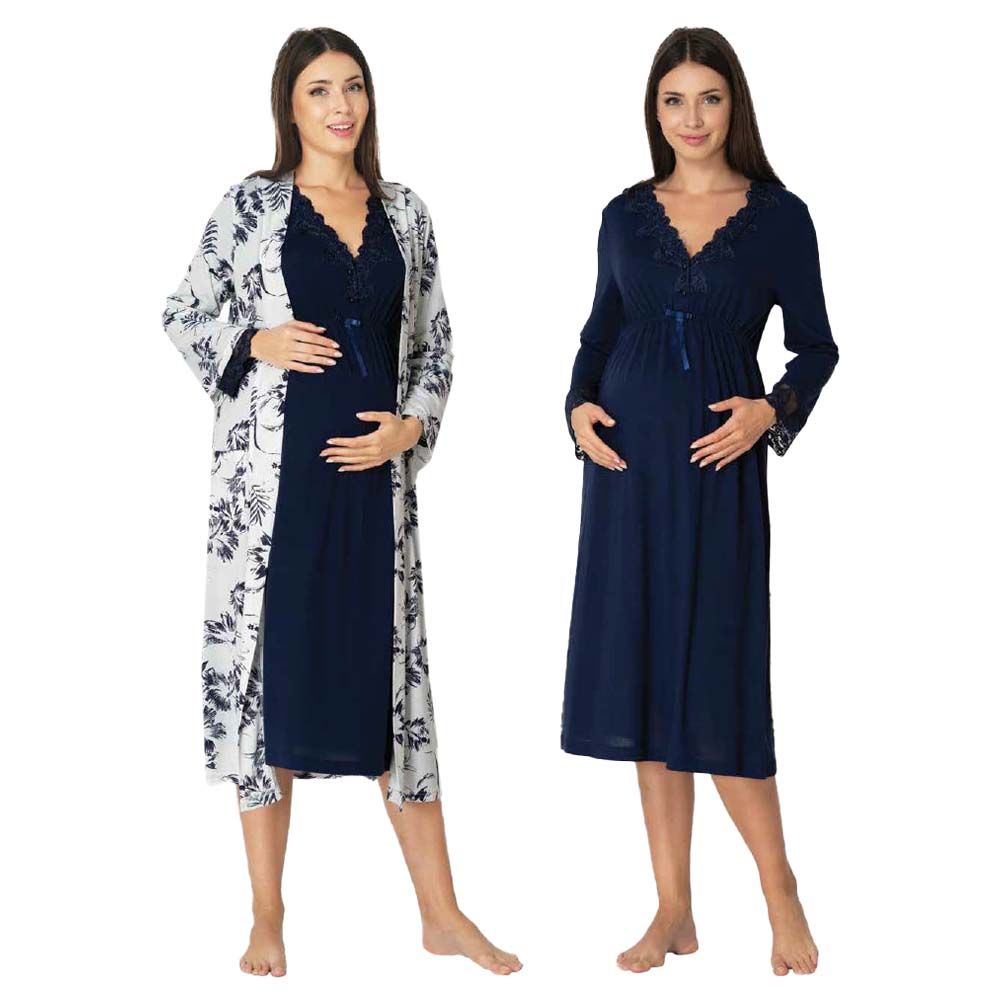 Mini Plum - 2pc-set - Maternity Nightie & Robe Set - Navy