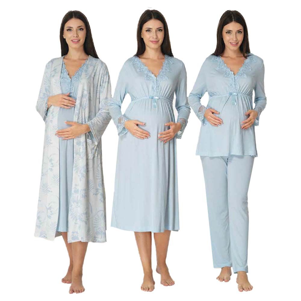 Mini Plum - 4pc-set - Maternity Nightwear w/ Printed Robe - Blue