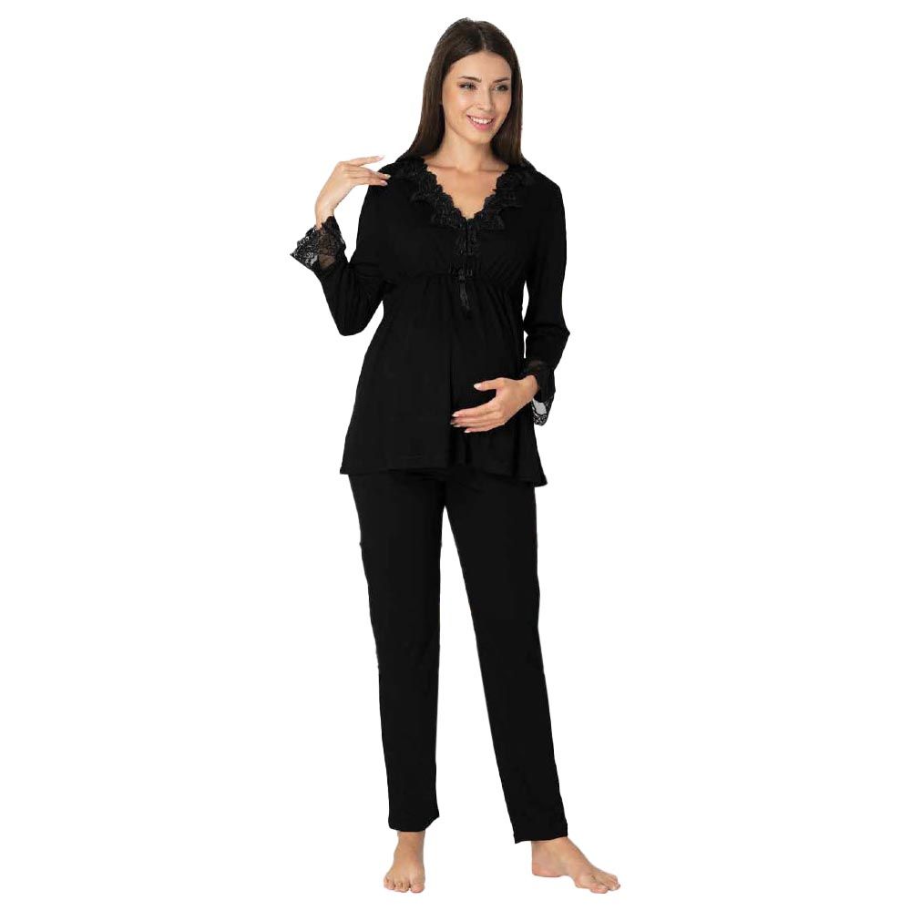 Mini Plum - Lace Maternity Pajamas Set - Black