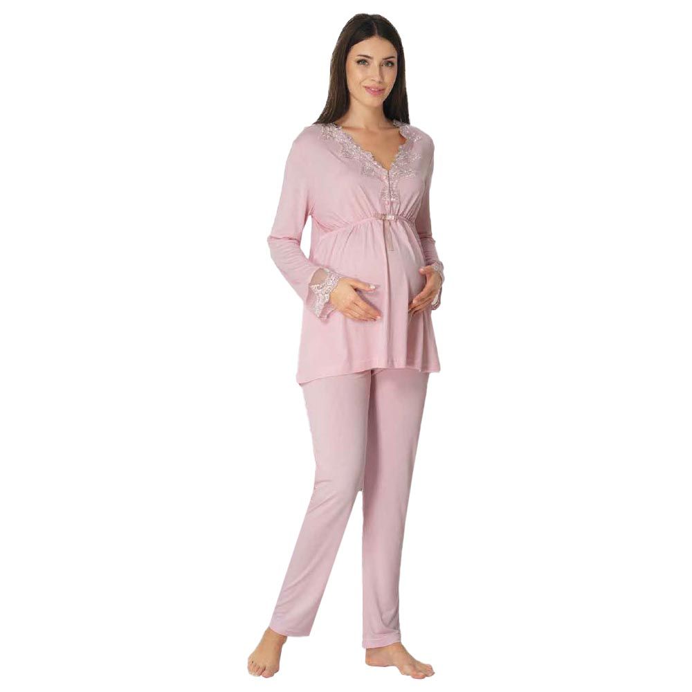 Mini Plum - Maternity Pajamas Set w/ Lace Details - Pink