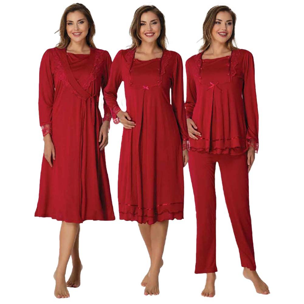 Mini Plum - 4pc-set - Maternity Nightwear Set - Dark Red