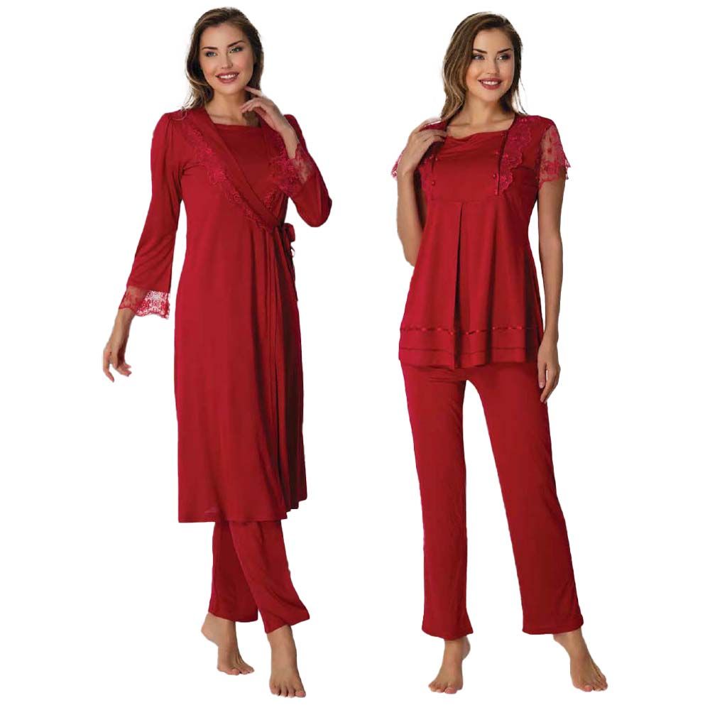 Mini Plum - 3pc-set - Lace Maternity Pajamas w/ Robe - Red