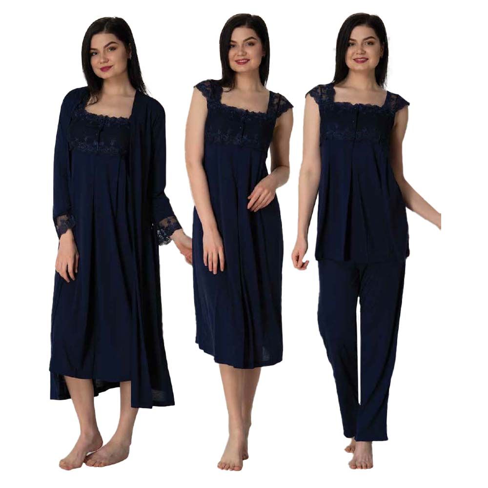 Mini Plum - 4pc-set - Lace Maternity Nightwear Set - Navy