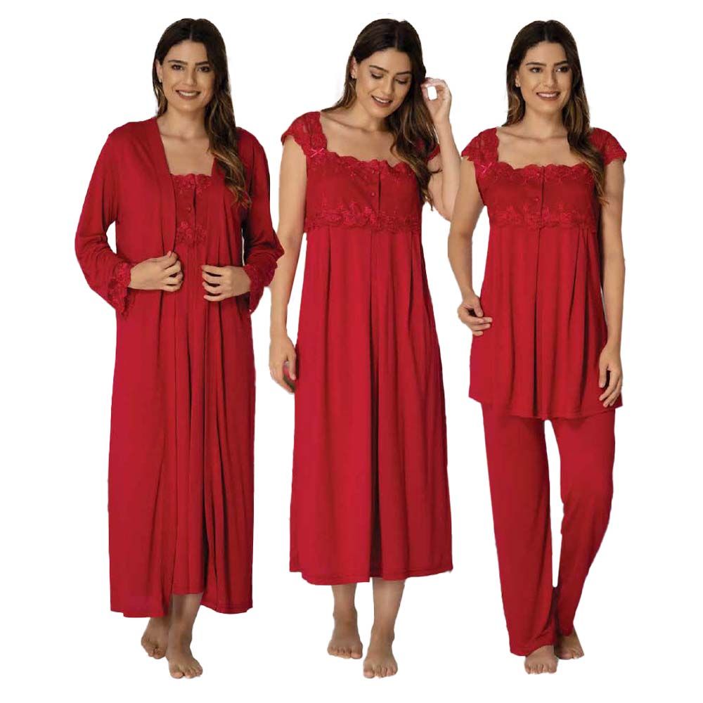 Mini Plum - 4pc-set - Lace Maternity Nightwear Set - Red