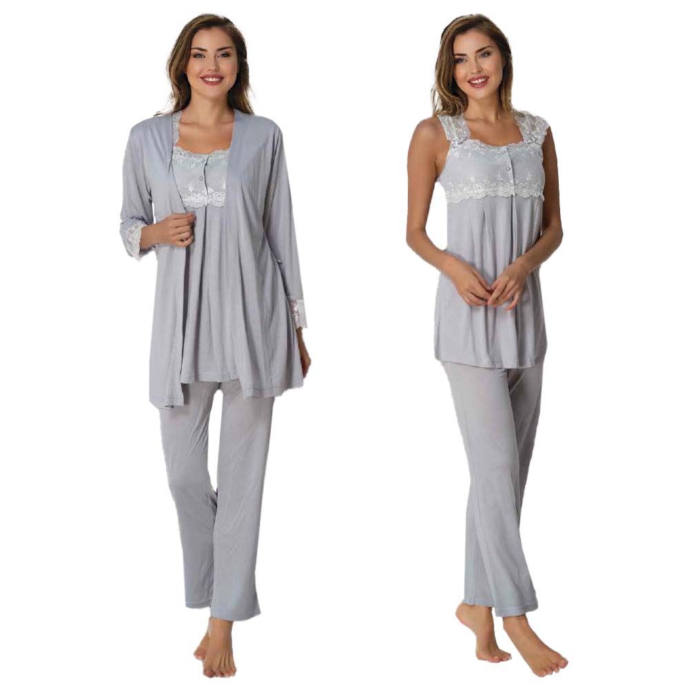 Mini Plum - 3pc-set - Lace Maternity Pajama Set - Grey