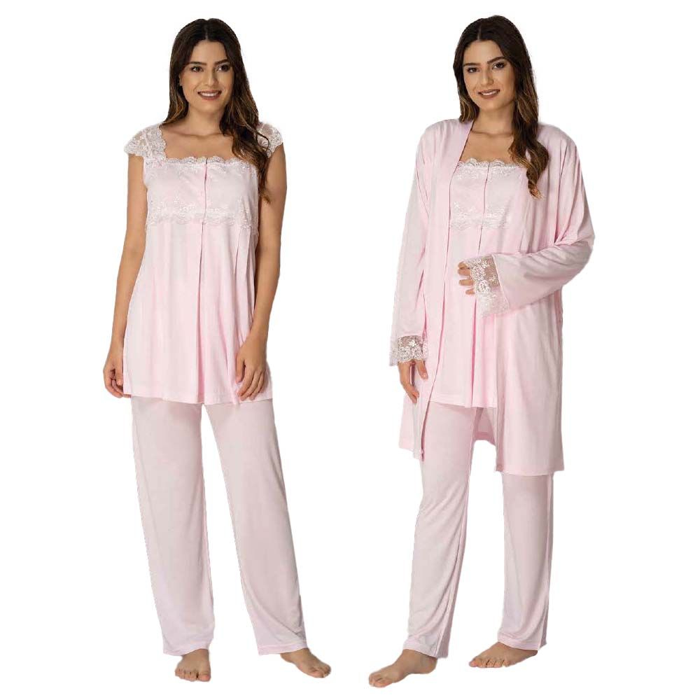 Mini Plum - 3pc-set - Lace Details Maternity Pajama Set - Pink