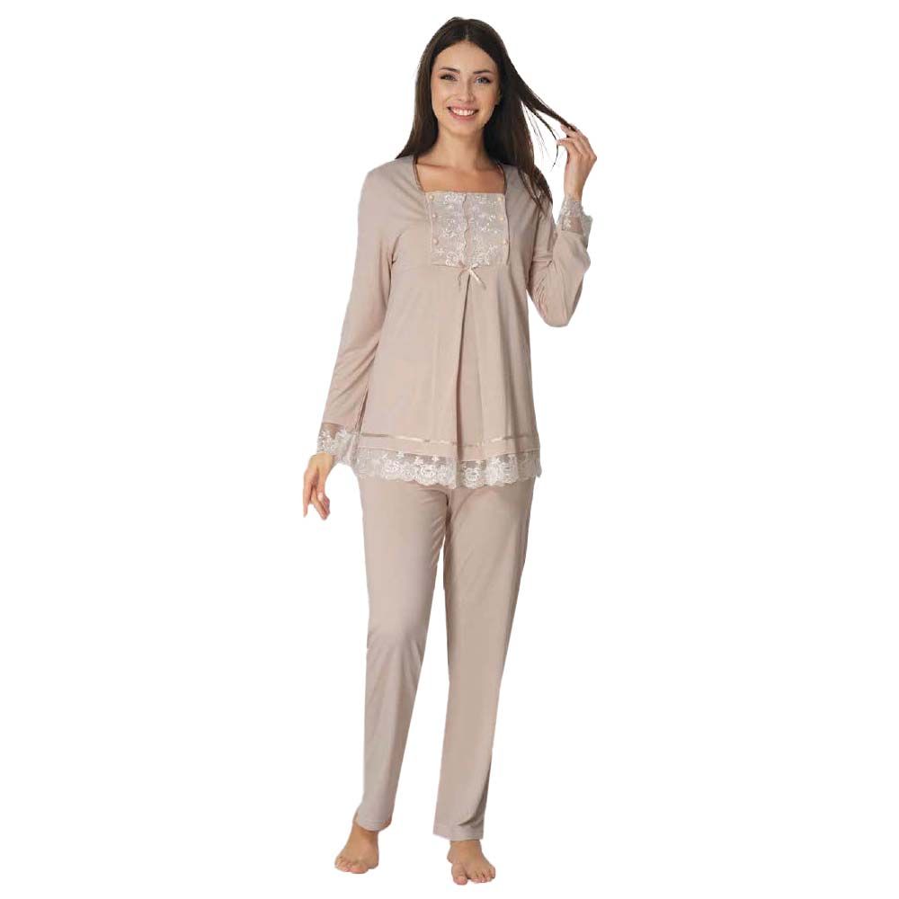 Mini Plum - Lace Detail Maternity Pajamas Set - Beige