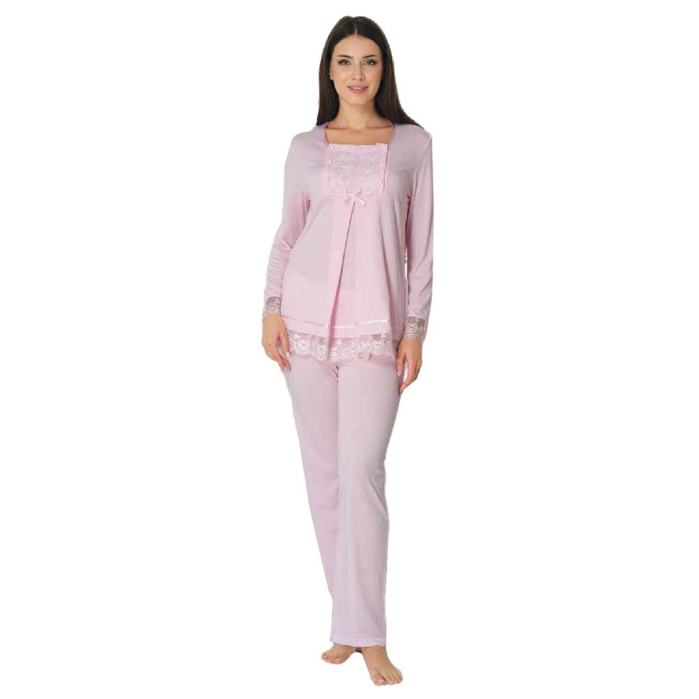 Mini Plum - Lace Detail Maternity Pajamas Set - Pink