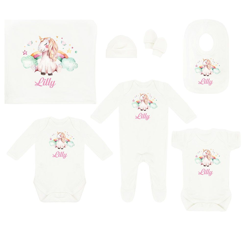 Mini Plum - Personalised Newborn Unicorn Baby Set 7pcs