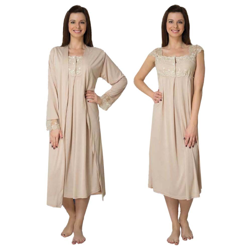 Mini Plum - 2pc-set - Lace Maternity Nightie & Robe - Beige