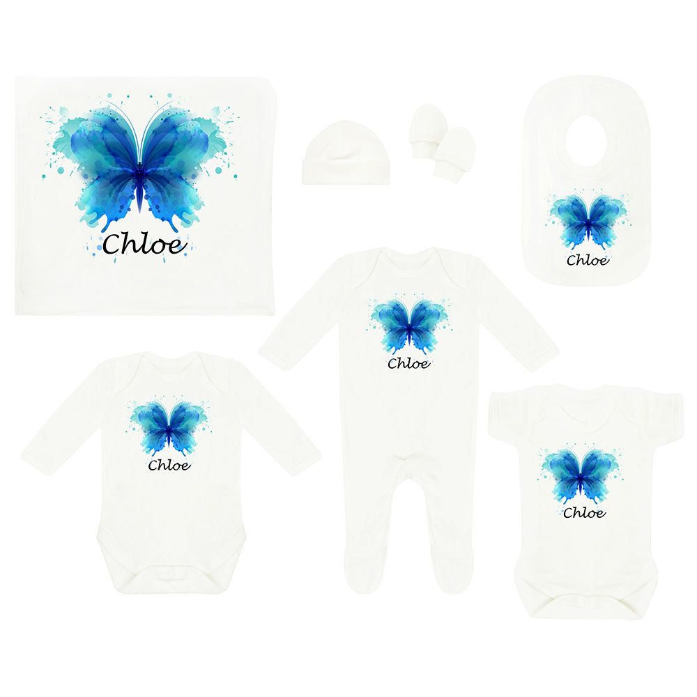 Mini Plum - Personalised Blue Butterfly Baby Set 7pcs