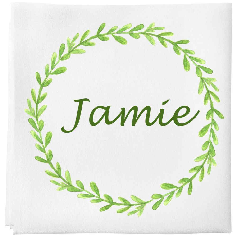 Mini Plum - Personalised Green Wreath Baby Blanket - White