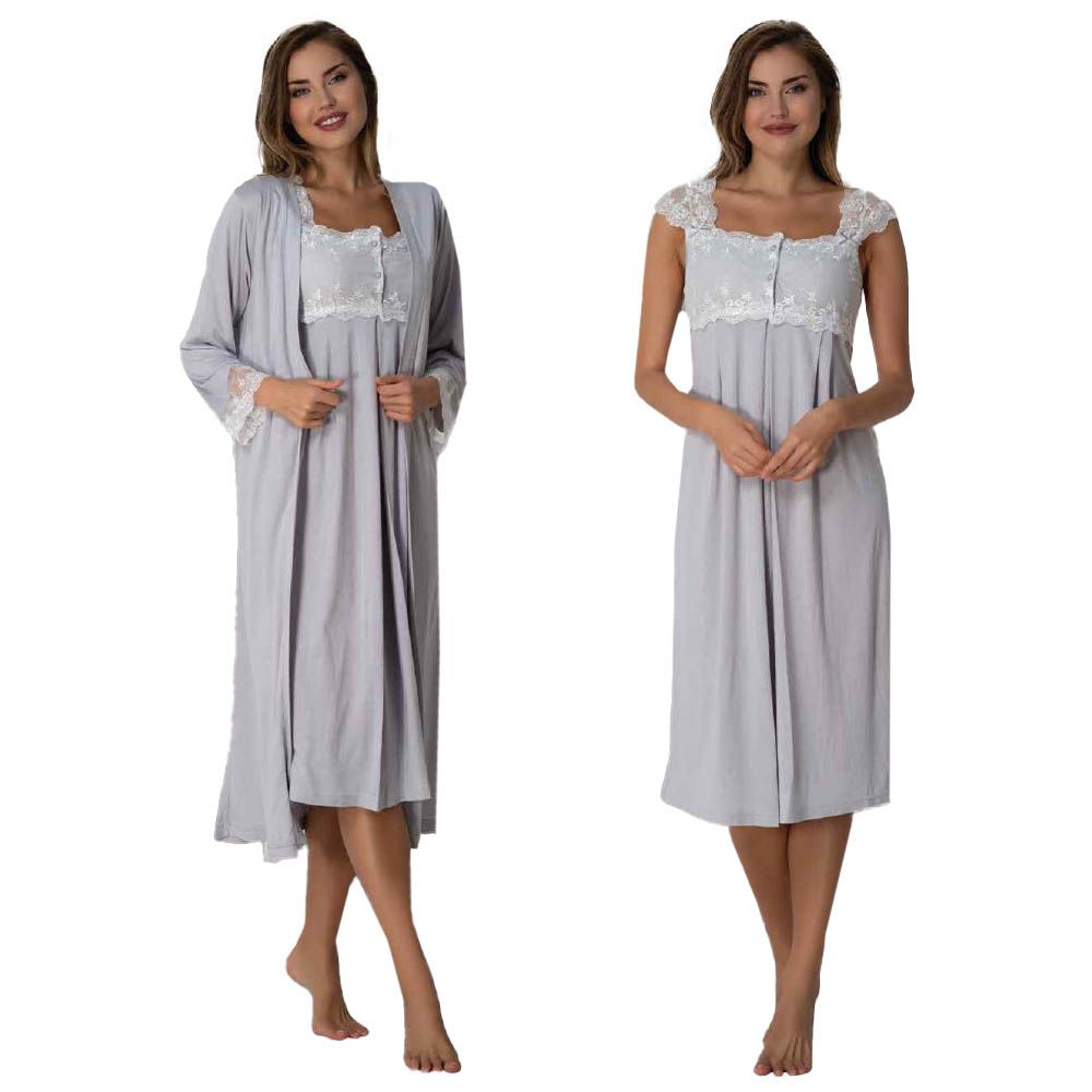 Mini Plum - 2pc-set - Maternity Nightie w/ Robe - Grey