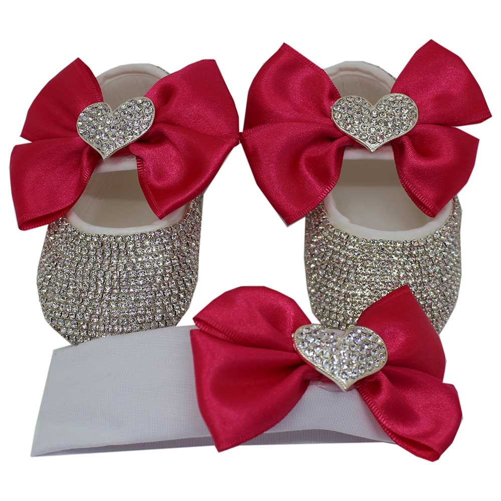 Mini Plum - Girls Crystal Red Bow Shoes And Headband