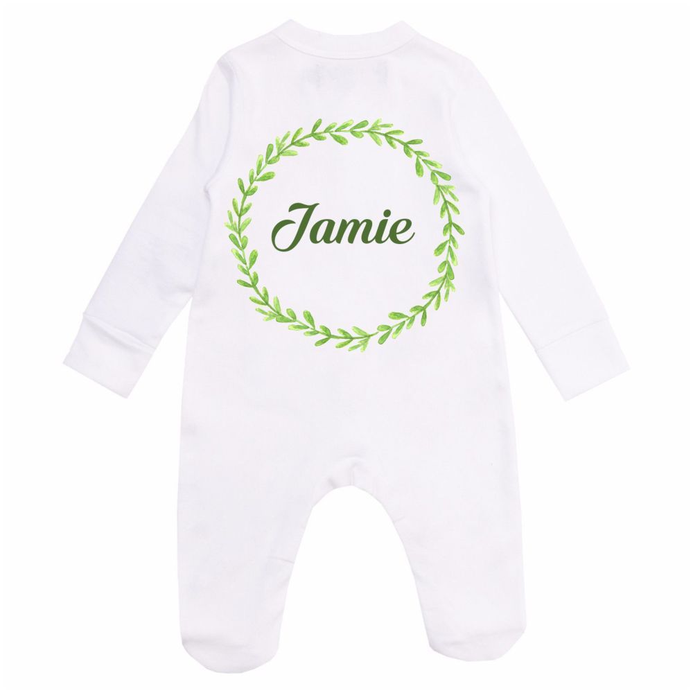 Mini Plum - Personalised Leaves Wreath Baby Romper