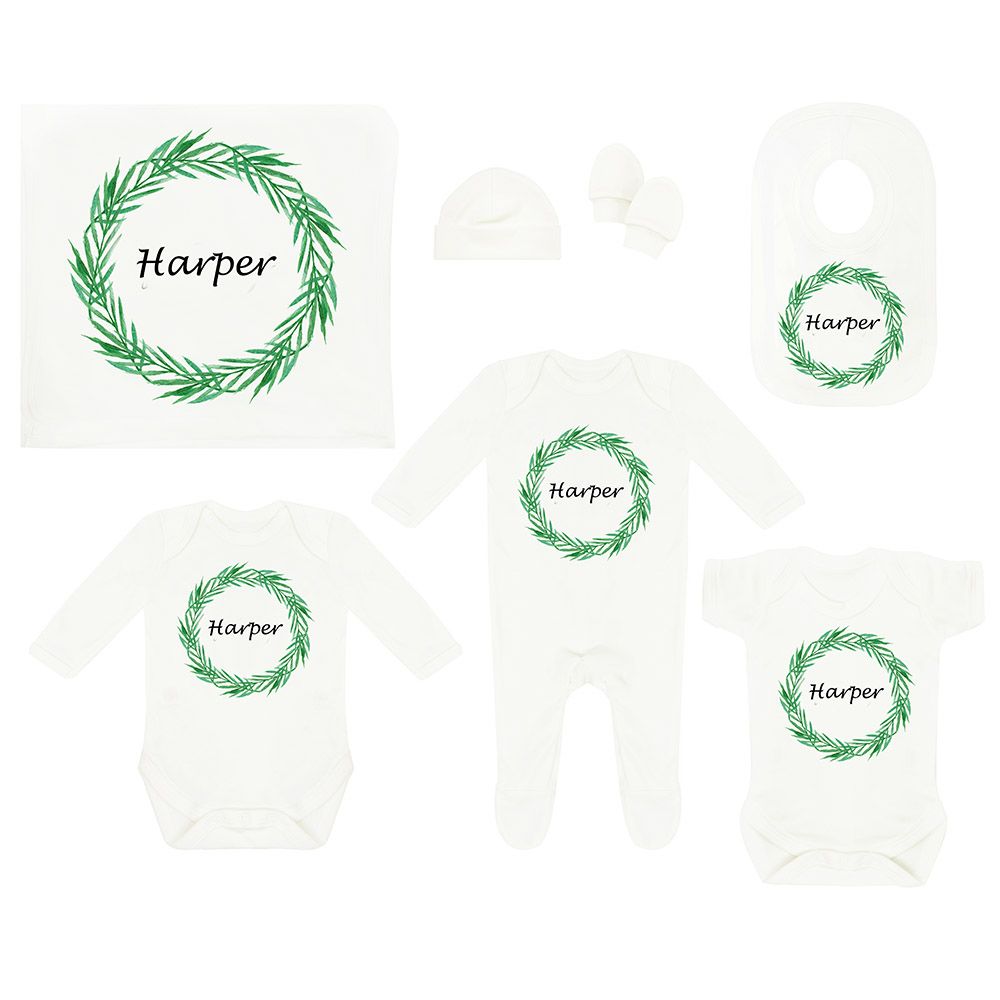 Mini Plum - Personalised Newborn Leaves Baby Set 7pcs