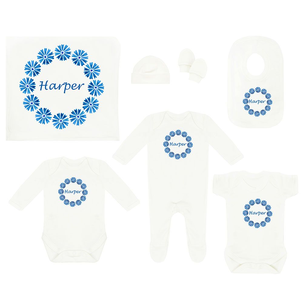 Mini Plum - Personalised Newborn Blue Baby Set 7pcs