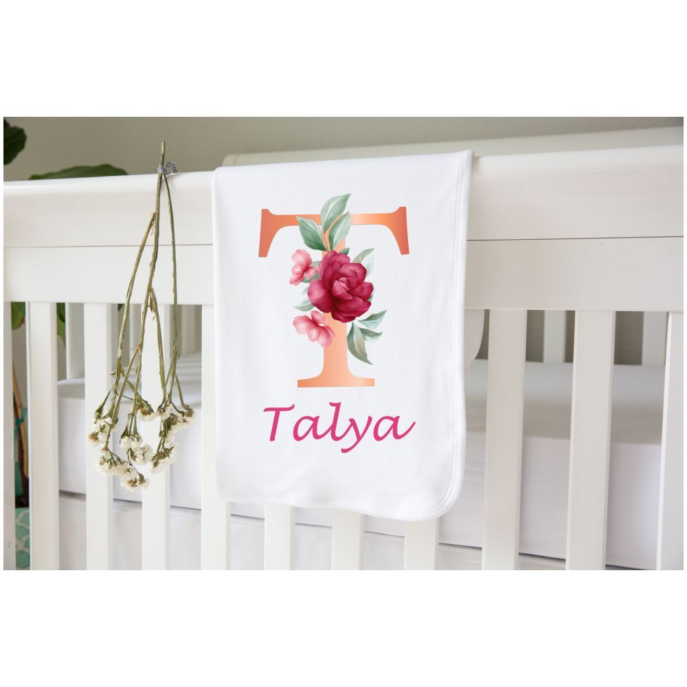 Mini Plum - Personalised Flowers Printed Baby Blanket - White