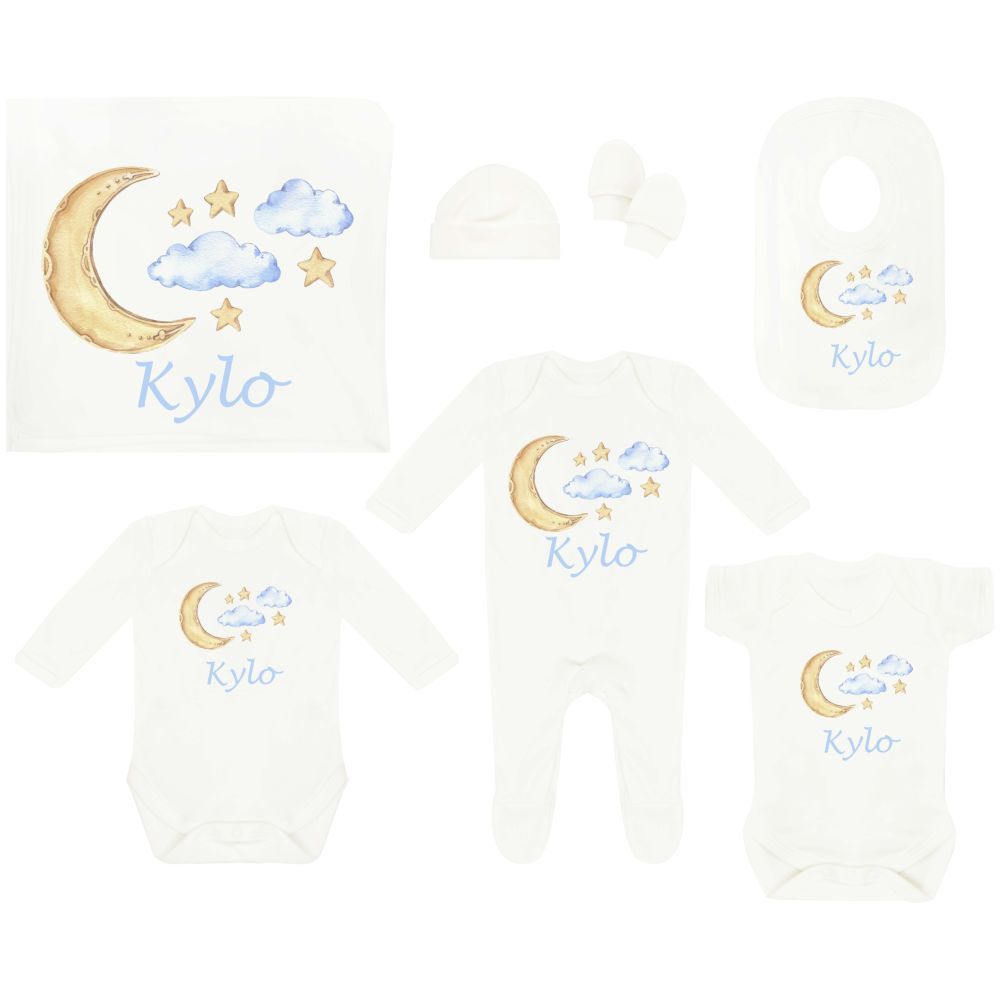 Mini Plum - Personalized Moon Stars 7pc-Set - White