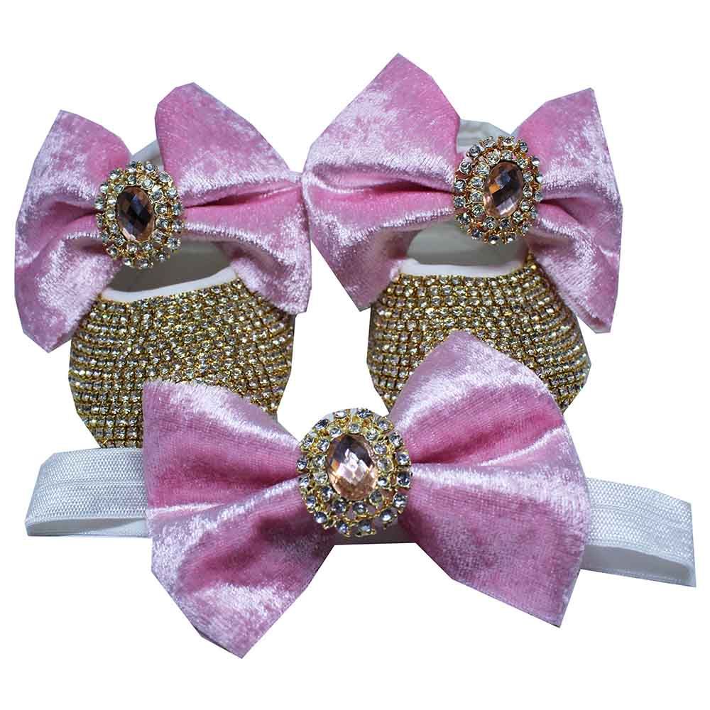 Mini Plum - Crystal Pink Bow Shoes And Headband Pink