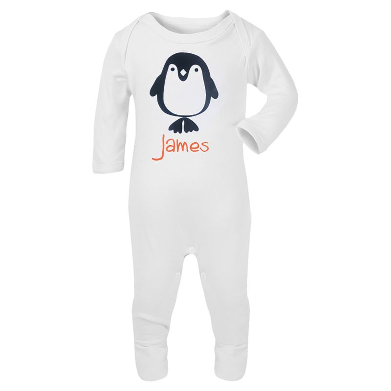 Mini Plum - Personalised Penguin Sleepsuit - White