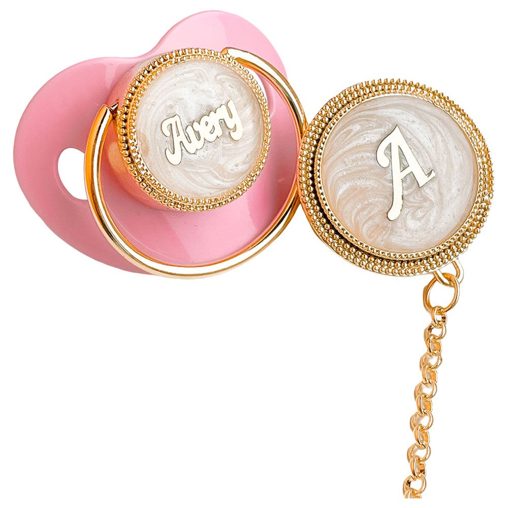 Mini Plum - Name Pacifier And Monogram Clip Set - Pink/Gold