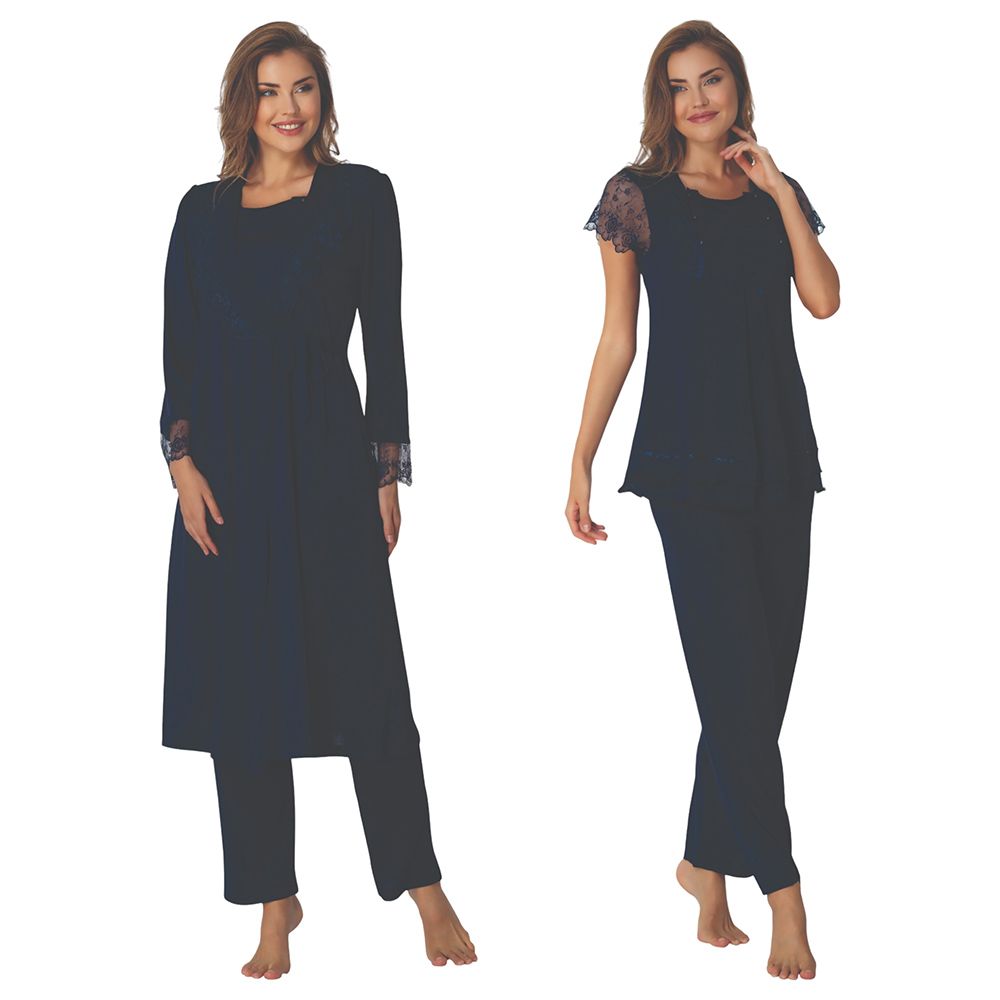 Mini Plum - 3pc-Set - Maternity Pjyamas W/ Lace Sleeves - Navy