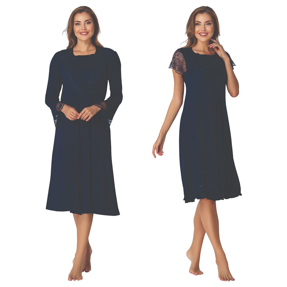 Mini Plum - 2pc-Set - Lace Sleeves Maternity Nightwear - Navy