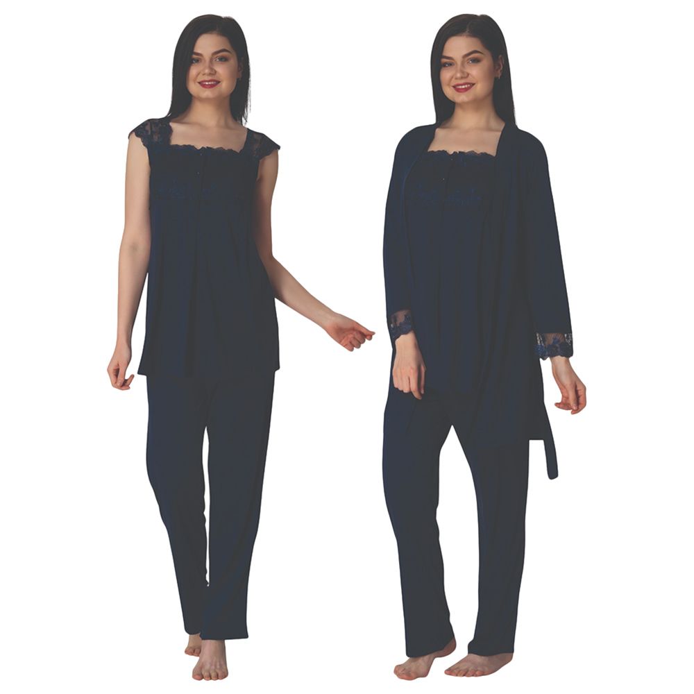 Mini Plum - 3pc-Set - Maternity Pjyamas W/ Lace Details - Navy