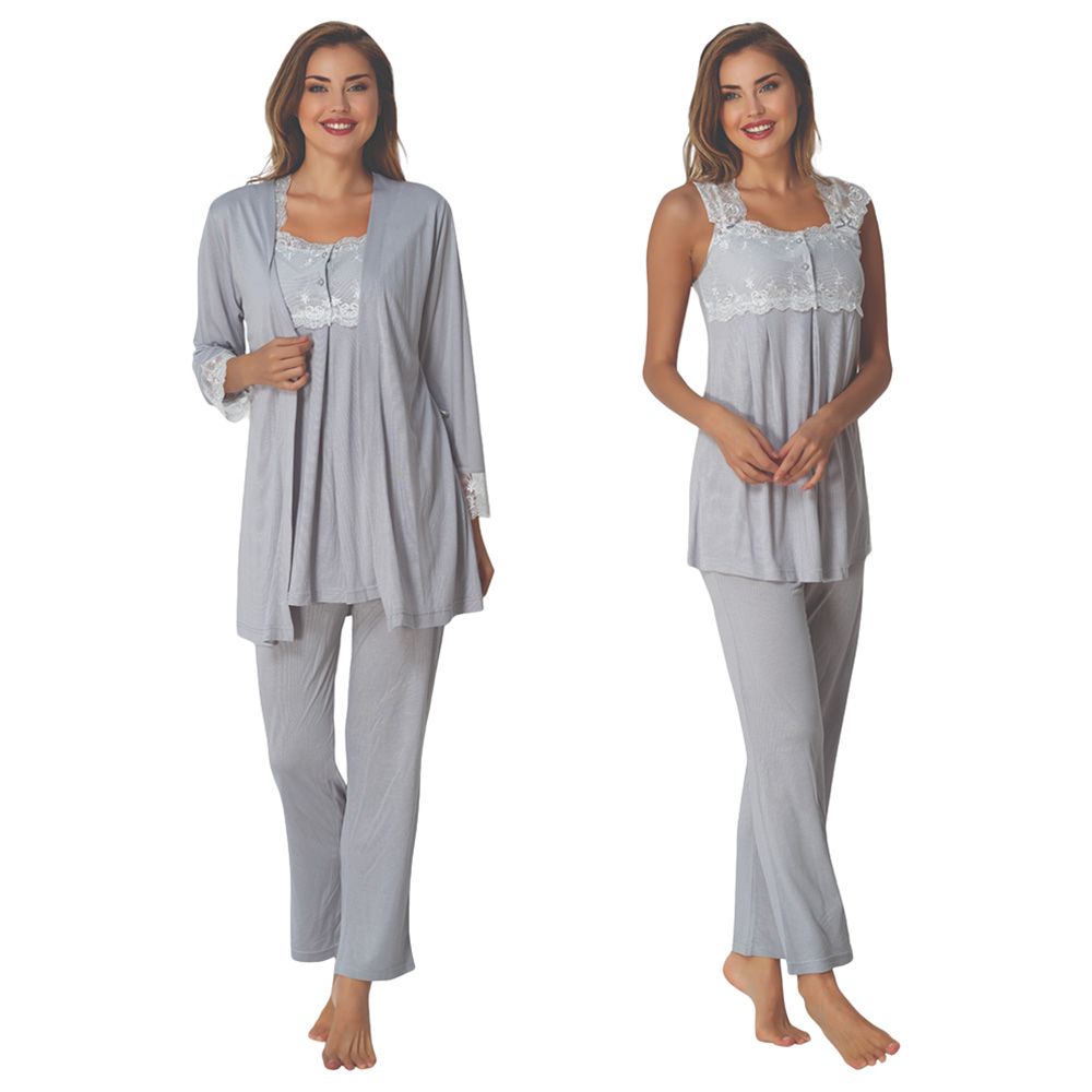 Mini Plum - 3pc-Set - Maternity Pjyamas W/ Lace Details - Grey